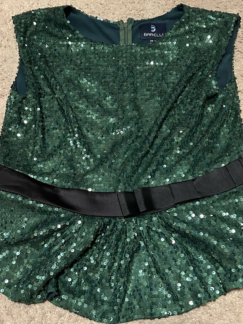 Green Sequin Sleeveless Peplum Top with Black Bow